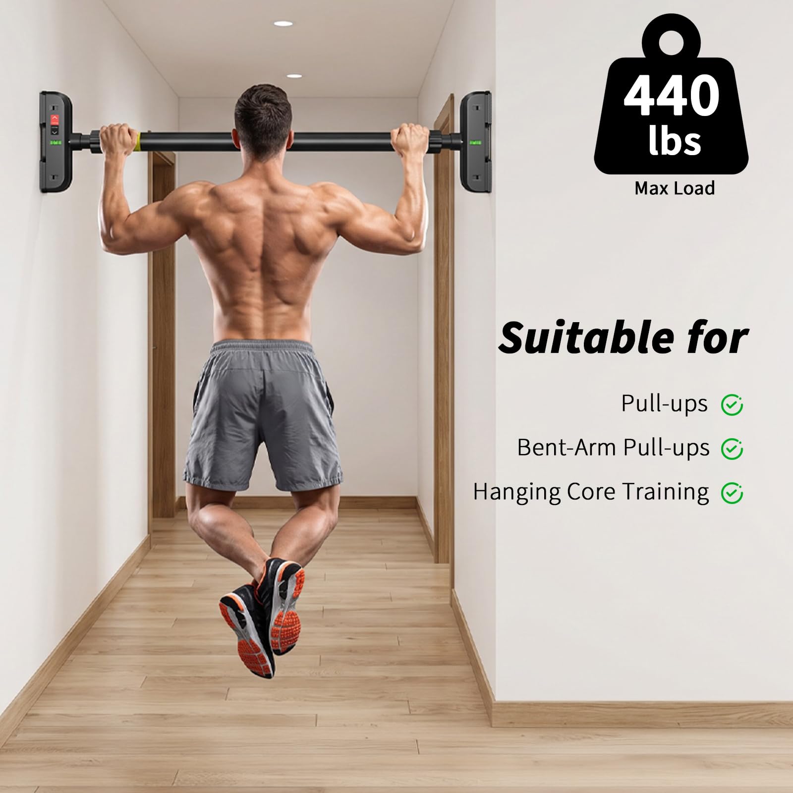 Door Pull Up Bar No Screw - ドア枠用懸垂バー、ネジ不要、耐荷重440ポンド | 調節可能な72-95cm（28.3インチ-37.4インチ）チンニングバー、デュアルギアロック、レベルメーター、滑り止めPVCパッド付き、ホームジム筋力トレーニング用