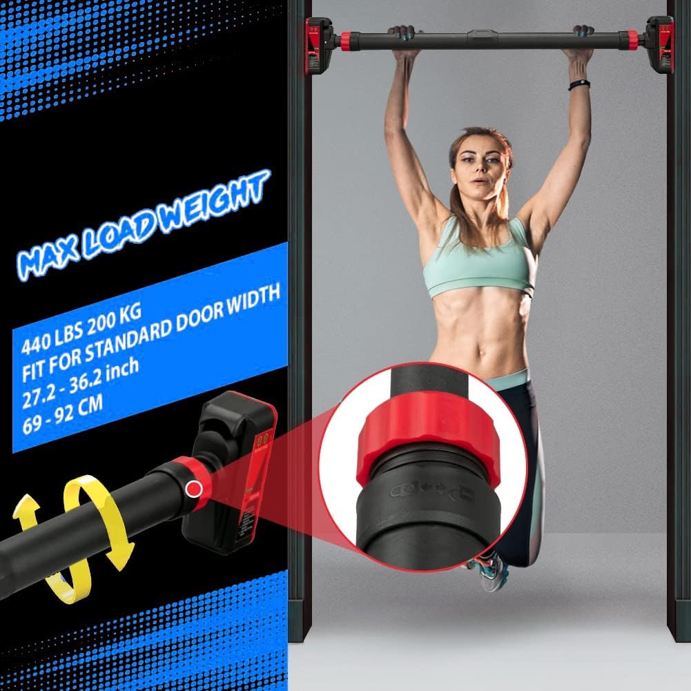 Door Pull Up Bar No Screw - ドア枠用調整可能懸垂バー - 耐荷重440LBS、ネジ不要設置、レベルメーターとオートロック付き、ホームジム筋力トレーニング用チンニングバー