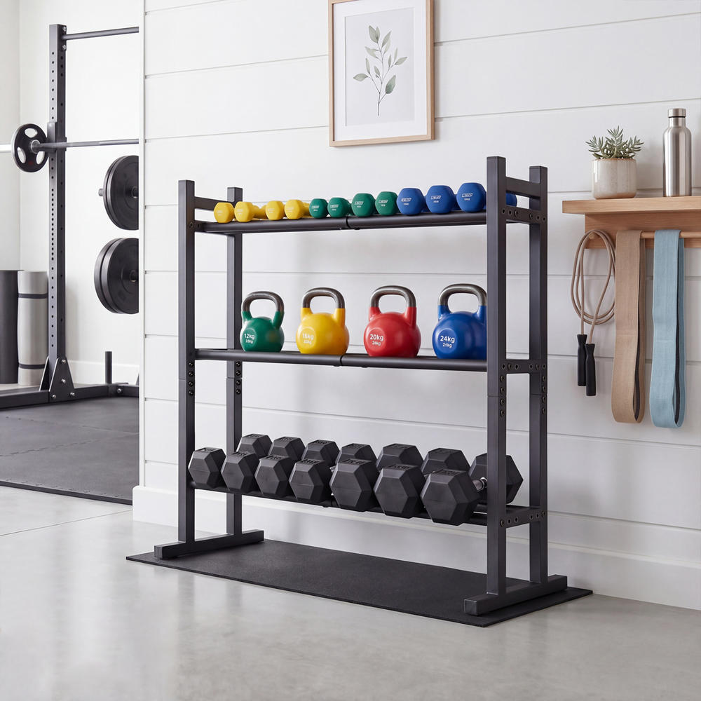 頑丈な3段ダンベルラック、粉体塗装スチール製ウェイト収納スタ - Fitness Equipment のレビューと価格